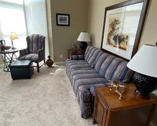Striped Harden Sofa with matching Chair in Great Condition, Pair of Matching Table Lamps and Side Tables, Framed Art