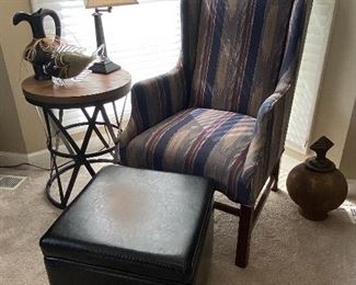 Harden Striped Arm Chair (Matches Sofa), Barrel Top Table with Metal Frame, Swing Arm Table Lamp, Miscellaneous Decor, Faux Leather Storage Ottoman