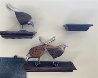 Set of 3 Dark Wood Floating Wall Shelves, Unique Wood and Pewter Bird Decor