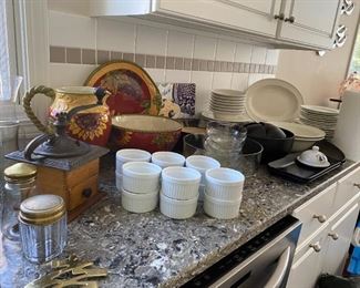 Antique Coffee Grinder, Set of White Ramekins, White China Set, Matching Sunflower Pitcher, Bowl and Platter