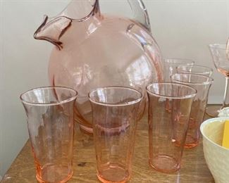 Pink Depression Glass Pitcher with 6 Glasses