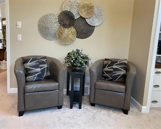 Pair of Matching Leather Club Chairs, Wedge Table, Metal Look Wall Art