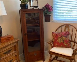 Tall Display Cabinet with Glass Door, Windsor Style Arm Chair, miscellaneous Decor