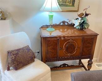 Slipcovered Side Chair with storage compartment, Beautiful Antique Credenza, Home Decor