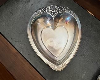 silver plate heart shaped candy dish