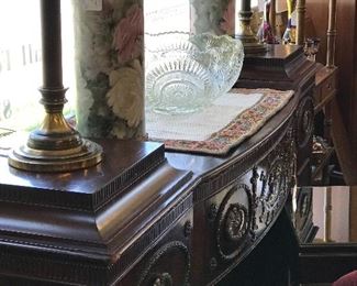 Beautiful hand painted lamps - no signature. Column Lamps. Beautiful large glass bowl. All of this sitting on Circa 1800's Side Board. The hardware on this piece is amazing. Boxes on Top open. 77"X42" Mahogany
