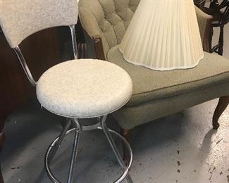 Vintage Chrome Stool. Vintage Barrel chair- tuffted . Love the arms and legs