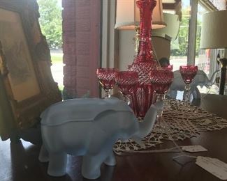 Beautiful Cranberry/Flash Decanter and cordials. Satin Elephant trinket box