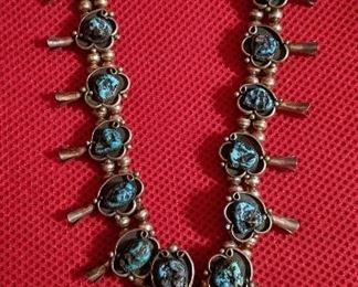 Vintage silver & turquoise squash blossom necklace, signed Plater(o)