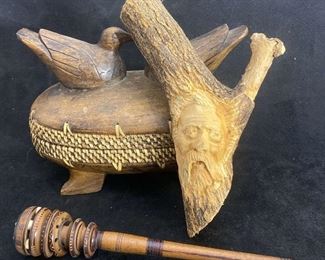 Carved Wood Tree Spirit, Love Bird Lidded Basket Mollinillo Wisk