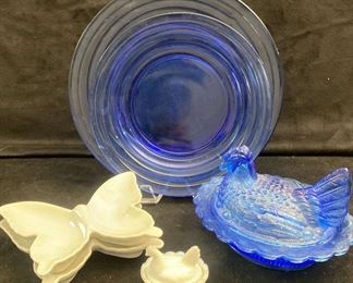 Opalescent Milk Glass Blue Glass Hen Nest Bowls  More