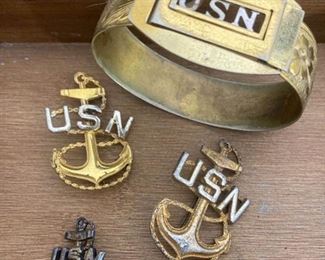 USNavy Gold Plated Sterling Label Pins And Bracelet