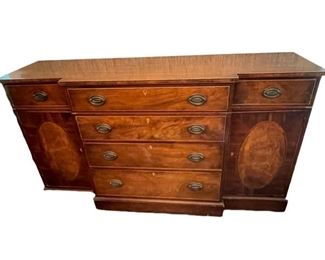 $400 - Beautiful 6 Drawer Buffet Cabinet with Burl Wood Medallion Inlay SS117-7 Description: Gorgeous piece with amazing storage in the 6 drawers and 2 closed cabinets. Brass hardware and burl wood inlay make this piece a standout. The buffet is a great way to move storage out of the dining room and into bedrooms, living rooms and bathrooms!
Dimensions: 66 x 19 x 36.5H
Condition: Very good condition
Location: Local pickup Darnestown, MD. Contact us for shipper suggestions.