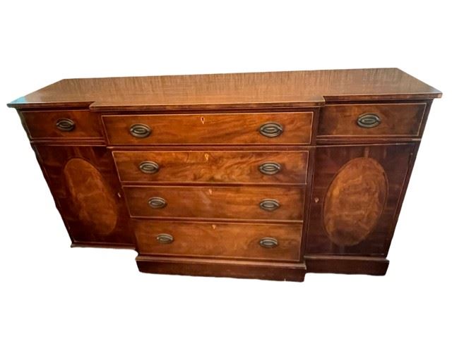 $400 - Beautiful 6 Drawer Buffet Cabinet with Burl Wood Medallion Inlay SS117-7 Description: Gorgeous piece with amazing storage in the 6 drawers and 2 closed cabinets. Brass hardware and burl wood inlay make this piece a standout. The buffet is a great way to move storage out of the dining room and into bedrooms, living rooms and bathrooms!
Dimensions: 66 x 19 x 36.5H
Condition: Very good condition
Location: Local pickup Darnestown, MD. Contact us for shipper suggestions.