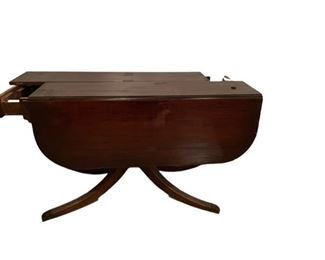 $200 - Antique Drop Leaf Table w/extra Leaf SS117-24 Description: Great functionality with this drop leaf table. No only do both sides drop there is an additional leaf to extend this table further. Four beautifully curved legs encasing the pedestal base.
Dimensions: 45 x 22 x 29H (not open) 45 x 50 x 29 Open 11" Leaf
Condition: Fair condition
Location: Local pickup Darnestown, MD. Contact us for shipper suggestions.