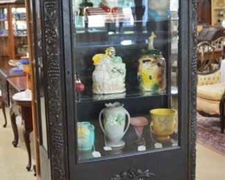 Early Oak Curio w/Carved Grapes also Cookie Jars