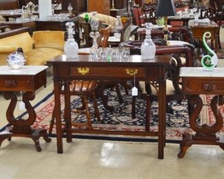 Council Craftsman Chippendale Hall Table, Marble Top Lyre Base Lamp Tables