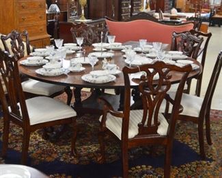 Large Round Mahogany Table w/Inlay, 8 Chippendale Chairs