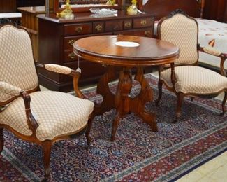 Pr French Chairs & Mahogany Lamp Table