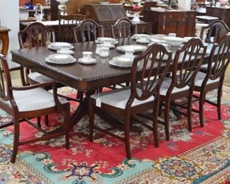 Mahogany Duncan Phyfe Dining Table, 8 Mahogany Shield Back Chairs