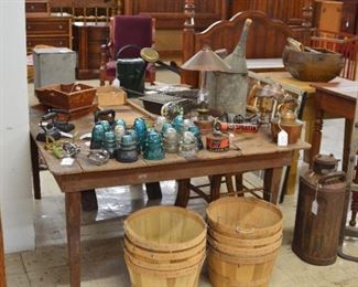 Primitive Table, Vegetable Baskets, Insulators, etc