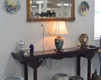Oriental Chinoiserie Alter Table, Gold Framed Beveled Mirror