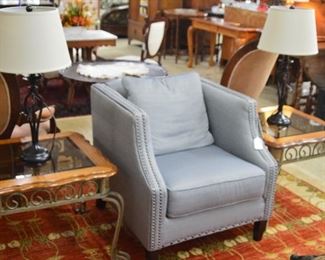Blue Side Chair w/Nail Heads, Glass Top End Tables w/Metal Base, Pr Table Lamps
