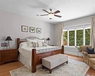 King bed, pair of nightstands by Lexington “Bob Timberlake” collection, dresser, linens