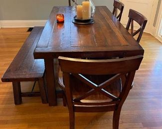 POTTERY BARN Benchwright Dining Table -  Rustic Mahogany Table, Bench and Chairs Set