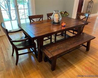 POTTERY BARN Benchwright Dining Table -  Rustic Mahogany Table, Bench and Chairs Set