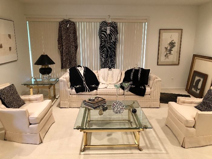 Traditional white sofa and pair of chairs in lovely clean condition! Brass glass top coffee table and end table