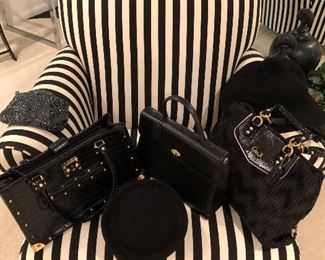 Striped chair & a selection of handbags