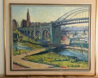 My client has just decided to part with this Large wonderful Cleveland, Cuyahoga River, The Flats, Detroit Superior bridge bridge & Terminal Tower oil painting on canvas, by local artist Ruth Burcaw. This was probably a commission. It appears to be dated 1979. Size of frame 53”x45” 
Asking price is $2500
