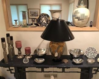 Maitland Smith Chinese altar table in a faux resin shagreen with some metal elements. Frederick Cooper lamp