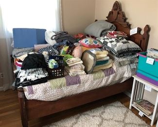 Antique Walnut Bed, blankets, bedding cross-stitch supplies