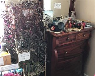Antique High-Boy Dresser, Metal Shelf Unit, Plants, yarn!