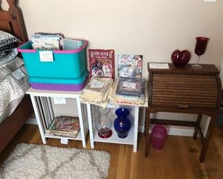 Cross-stitch supplies, antique child’s roll-top desk, side tables