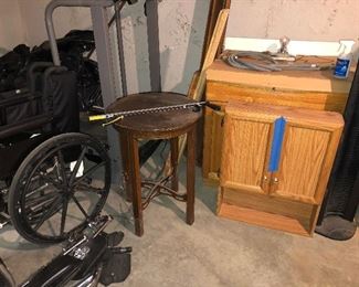 Bathroom Vanity and Medicine Cabinet (never installed), wheel chair, side table