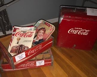 Vintage Metal Coca-Cola Cooler, Vintage 1950’s Trays, wooden crates