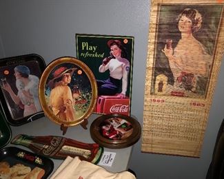 Repro Coca-Cola trays, 1920s framed ad, misc. calendars, signs