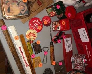 Vintage Coa-Cola pencil box, rulers, cards, tins and buttons