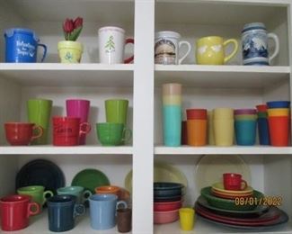 Fiesta cups, bowls, Plates.  Other colorful glasses (plastic) and coffee cups. 