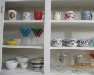 Coffee cups, Fun glasses, soup mugs, bowls and margarita glasses. 
