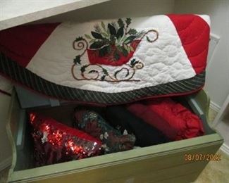 Christmas pillows and quilted Christmas tree skirt