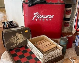 Vintage Pleasure Chest Ice Chest, Vintage Girl Scout Tin, Bingo Games, Charlie McCarthy Hand Puppet, Wood Checkers Board
