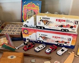 Vintage 1995 Exxon Toy Race Car Carrier with Race Cars, Mini Louisville Slugger Bat Atlantic City 1949