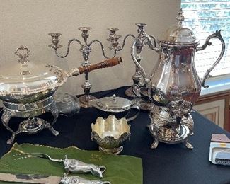 Vintage Hand Wrought Carving Set by Bruce Fox, Vintage Silverplate Coffee Urn