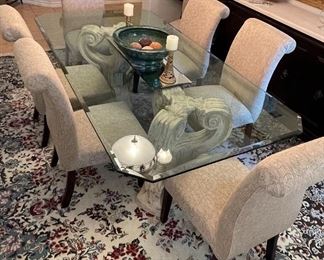 Neoclassical Architectural Wood Double Base Bevel Glass Dining Room Table with 8 Upholstered Chairs