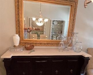 Vintage Bevel Glass Ornate Mirror, Vintage Wood/Sideboard Buffet with Stone Top