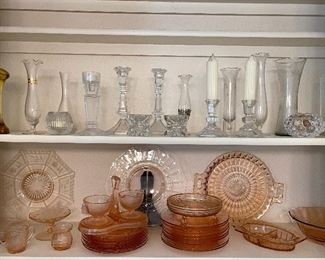 Vintage Pink Depression Glass, Crystal Candlesticks